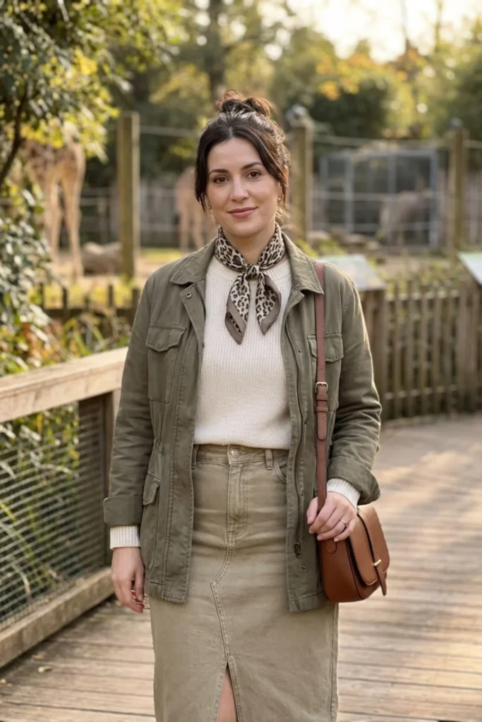 Stylish Zoo Outfit Blending Mixed Textures for a Modern Wildlife Inspired Look
