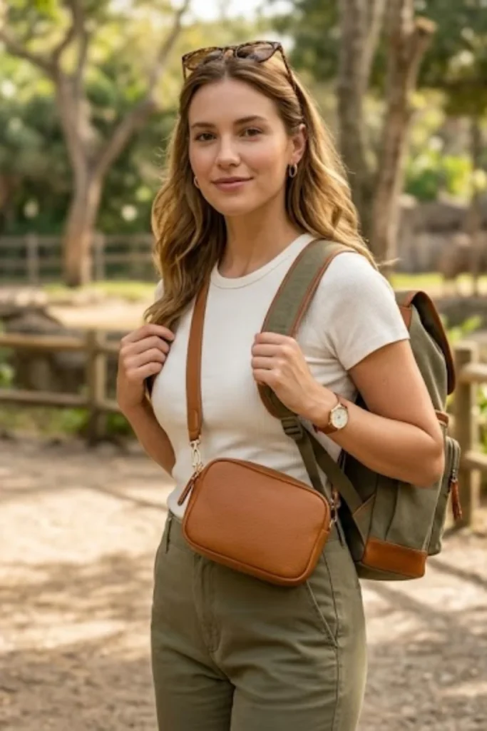 Stylish Zoo Outfit Featuring Hands Free Bags and Backpacks for Easy Movement